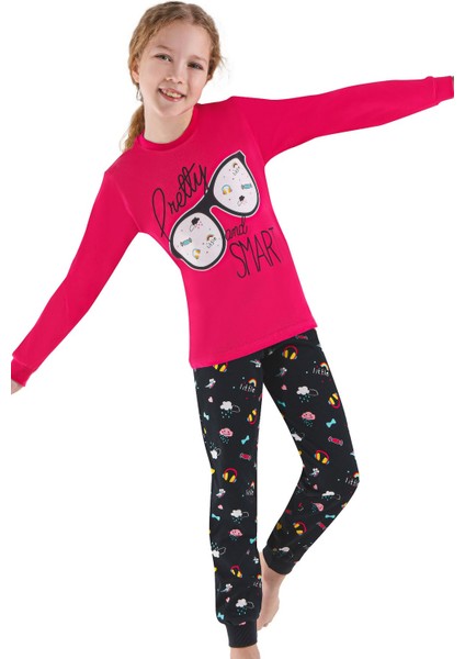 756U Kız Çocuk Uzun Kollu Pijama Takımı-Fuşya