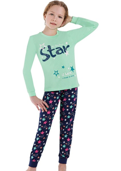 757U Kız Çocuk Uzun Kollu Pijama Takımı-Mint