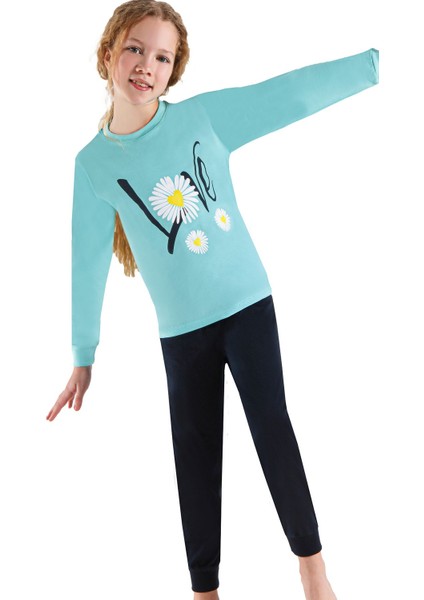 747U Kız Çocuk Uzun Kollu Pijama Takımı-Mavi