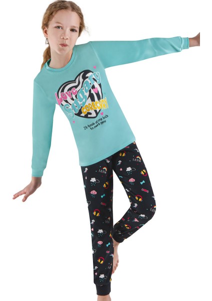 755GU Kız Çocuk Garson Boy Uzun Kollu Pijama Takımı-Mavi