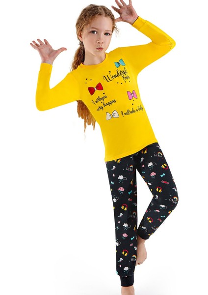 754U Kız Çocuk Uzun Kollu Pijama Takımı-Sarı