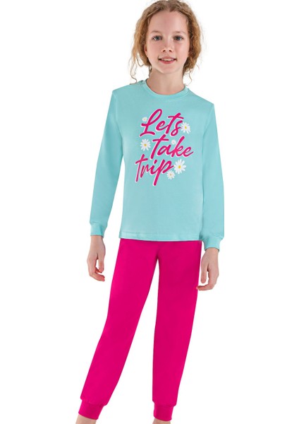 743U Kız Çocuk Uzun Kollu Pijama Takımı-Mavi