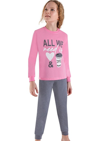 741U Kız Çocuk Uzun Kollu Pijama Takımı-Pembe