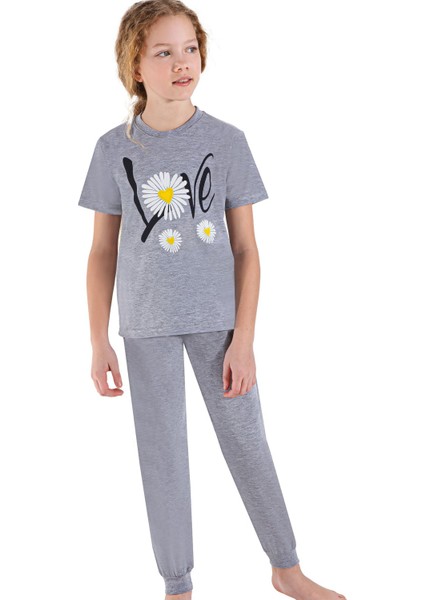 747GK Kız Çocuk Garson Boy Kısa Kollu Pijama Takımı-Gri