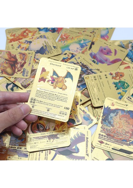 Pokemon Go Vmax Gold Card Tcg Dx Gx Altın Esnek Oyuncu & Koleksiyon Pokemon Kartı 55 Adet Ingilizce