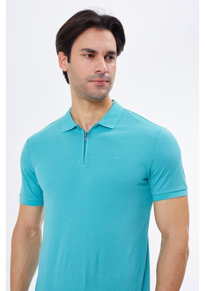 Regular Fit Fermuarlı Polo Yaka %100 Pamuk Kısa Kollu Basic Penye T-Shirt-PE3604TY22