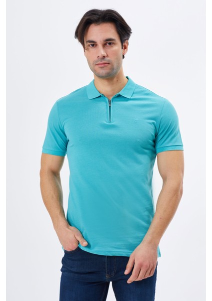 Regular Fit Fermuarlı Polo Yaka %100 Pamuk Kısa Kollu Basic Penye T-Shirt-PE3604TY22 fırsatları