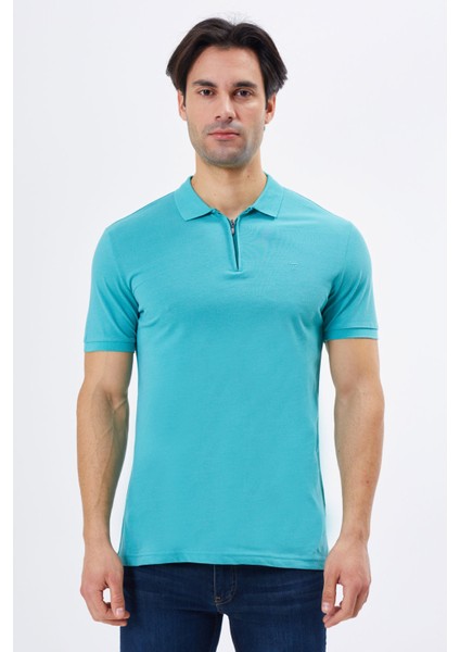 Regular Fit Fermuarlı Polo Yaka %100 Pamuk Kısa Kollu Basic Penye T-Shirt-PE3604TY22 indirimleri