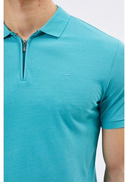 Regular Fit Fermuarlı Polo Yaka %100 Pamuk Kısa Kollu Basic Penye T-Shirt-PE3604TY22 fiyatları