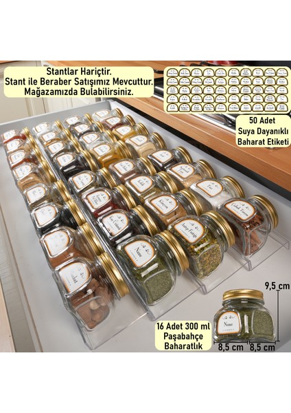 16 Adet Paşabahçe Home Made Luxury Cam Kavanoz Baharatlık Gold Kapaklı 300 ml (Stantları Hariçtir )