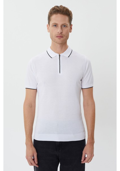Regular Fermuarlı Polo Yaka Triko Tişört-TY1037TY231