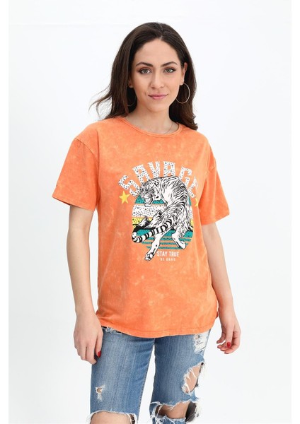 T-Shirt Yıkamalı Kumaş Bisiklet Yaka - Turuncu