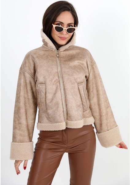 Mont Kolu Katlamalı Süet Peluş - Bej modelleri