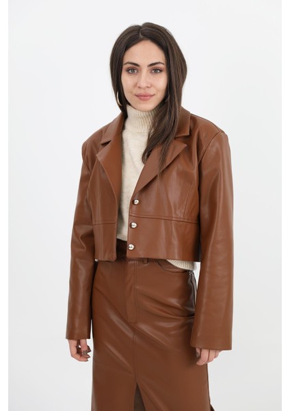 Kruvaze Yaka Vatkalı Düğmeli Kısa Deri Ceket - Taba fiyatları