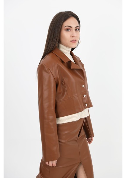 Kruvaze Yaka Vatkalı Düğmeli Kısa Deri Ceket - Taba modelleri