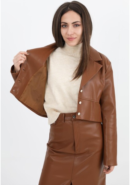 Kruvaze Yaka Vatkalı Düğmeli Kısa Deri Ceket - Taba fırsatları