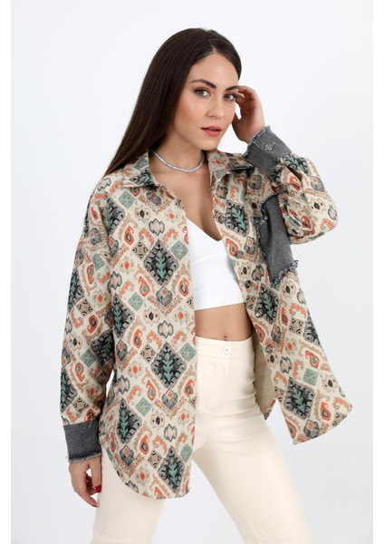 Gömlek Kot Garnili Baskılı Jakar Kapitone - Yeşil modelleri
