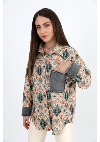 Gömlek Kot Garnili Baskılı Jakar Kapitone - Yeşil fırsatları