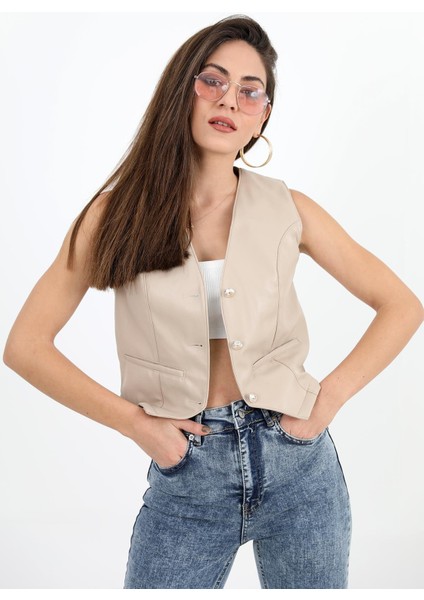 Fleto Cepli Deri Yelek - Taş