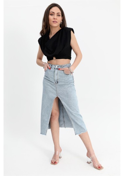 Kot Etek Önü Yırtmaçlı Eteği Püsküllü - Mavi modelleri