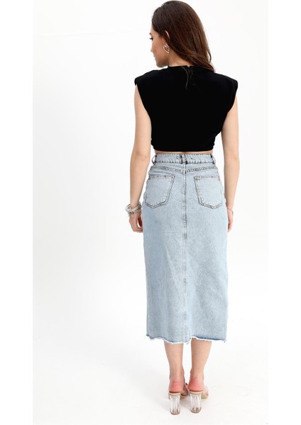 Kot Etek Önü Yırtmaçlı Eteği Püsküllü - Mavi indirimleri