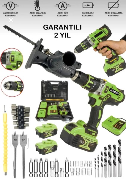 2'li Set 780RP Bakır Sargı Darbeli Şarjlı Matkap Metal Şanzıman Vidalama Tilki Testere Aparat Yeşil