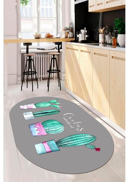 Dijital Baskılı Kaymaz Taban Kaktüs Desenli Yıkanabilir Oval Mutfak Halısı, O-Mutfak-30-Gri,