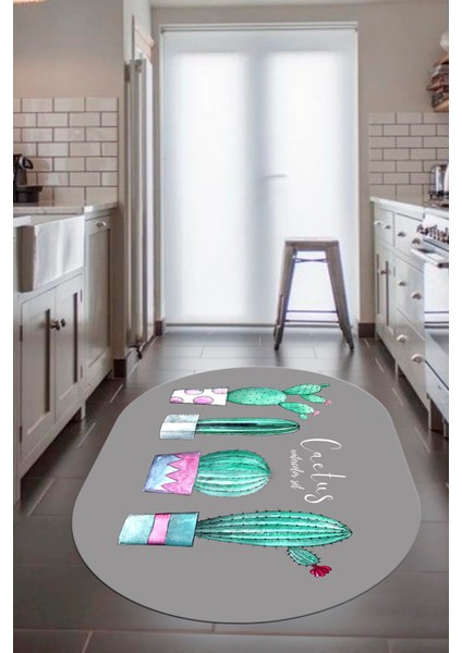 Dijital Baskılı Kaymaz Taban Kaktüs Desenli Yıkanabilir Oval Mutfak Halısı, O-Mutfak-30-Gri, fiyatları