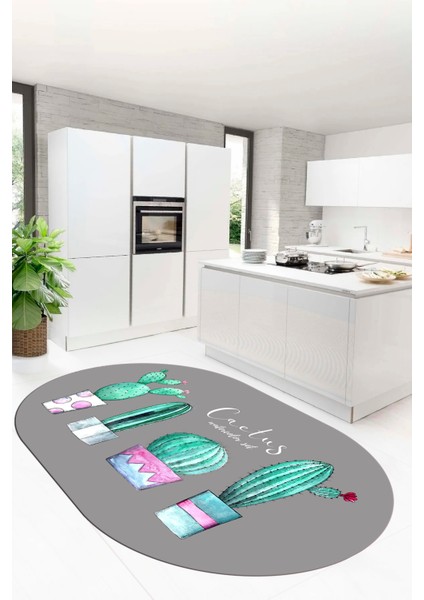 Dijital Baskılı Kaymaz Taban Kaktüs Desenli Yıkanabilir Oval Mutfak Halısı, O-Mutfak-30-Gri, modelleri