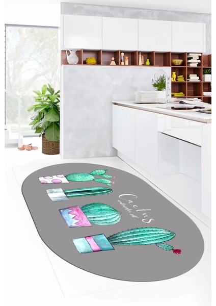 Dijital Baskılı Kaymaz Taban Kaktüs Desenli Yıkanabilir Oval Mutfak Halısı, O-Mutfak-30-Gri, fırsatları