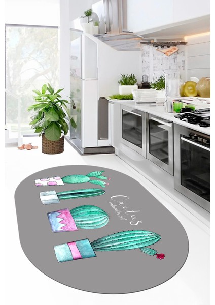 Dijital Baskılı Kaymaz Taban Kaktüs Desenli Yıkanabilir Oval Mutfak Halısı, O-Mutfak-30-Gri, indirimleri