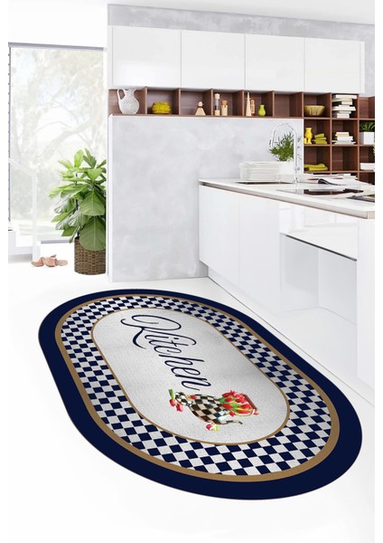 Dijital Baskılı Kaymaz Taban Yıkanabilir Kitchen Yazılı Oval Mutfak Halısı, O-Mutfak-48-Lacivert,