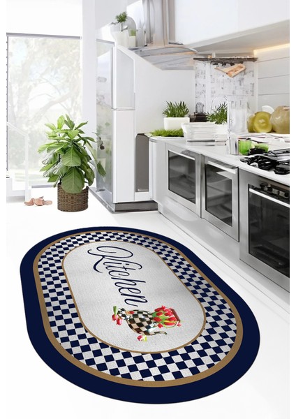 Dijital Baskılı Kaymaz Taban Yıkanabilir Kitchen Yazılı Oval Mutfak Halısı, O-Mutfak-48-Lacivert, fiyatları