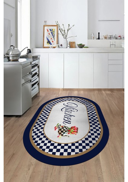 Dijital Baskılı Kaymaz Taban Yıkanabilir Kitchen Yazılı Oval Mutfak Halısı, O-Mutfak-48-Lacivert, fırsatları