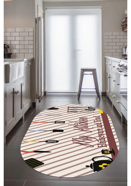 Mutfak Araçları Desenli Yıkanabilir Kaymaz Oval Mutfak Halısı, O-Mutfak-32-Renkli,