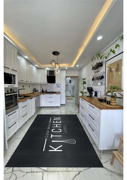 Dijital Baskılı Yıkanabilir Kaymaz Kitchen Yazılı Modern Mutfak Halısı, Mutfak-04-Antrasit,