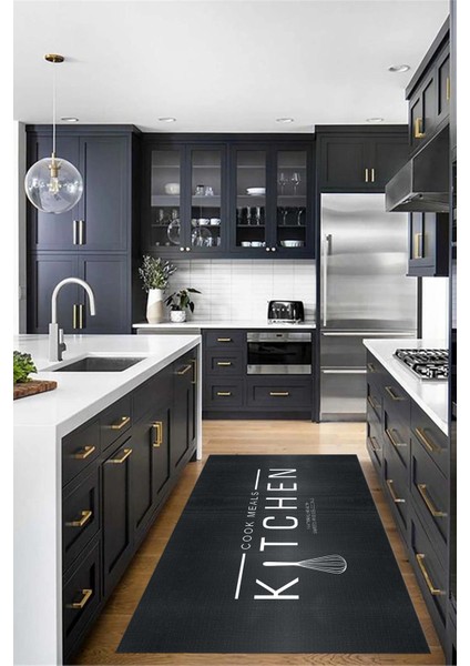 Dijital Baskılı Yıkanabilir Kaymaz Kitchen Yazılı Modern Mutfak Halısı, Mutfak-04-Antrasit,