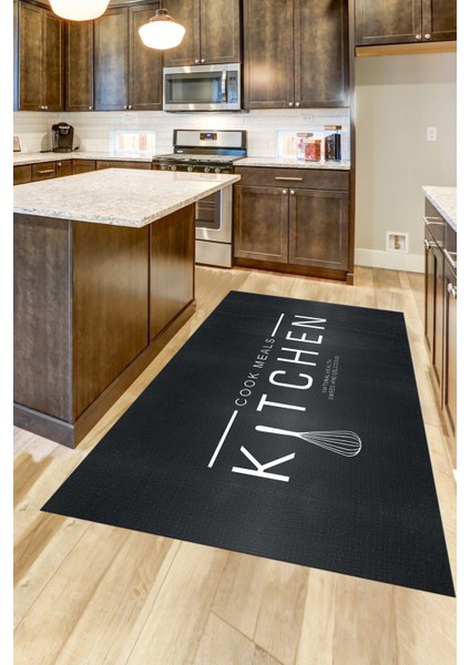 Dijital Baskılı Yıkanabilir Kaymaz Kitchen Yazılı Modern Mutfak Halısı, Mutfak-04-Antrasit,