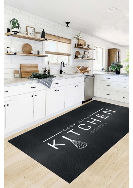 Dijital Baskılı Yıkanabilir Kaymaz Kitchen Yazılı Modern Mutfak Halısı, Mutfak-04-Antrasit,