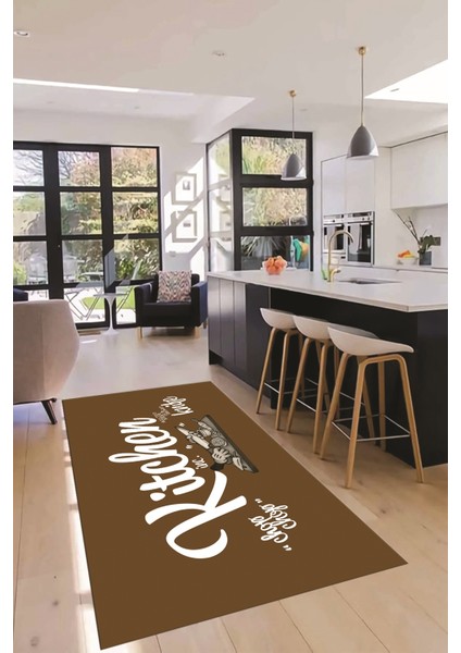 Kitchen Yazılı Modern Kaymaz Taban Yıkanabilir Mutfak Halısı, Mutfak-41-Kahve-Beyaz,