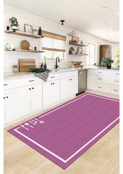Dijital Baskılı Kaymaz Yıkanabilir Sade Çerçeveli Mutfak Halısı, Mutfak-06-Mor, indirimleri