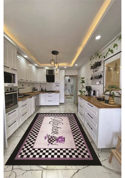 Dijital Baskılı Kaymaz Taban Yıkanabilir Kitchen Yazılı Mutfak Halısı, Mutfak-48-Mor,