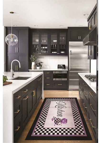 Dijital Baskılı Kaymaz Taban Yıkanabilir Kitchen Yazılı Mutfak Halısı, Mutfak-48-Mor,