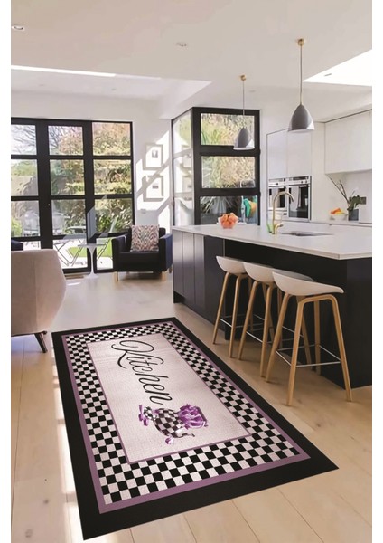 Dijital Baskılı Kaymaz Taban Yıkanabilir Kitchen Yazılı Mutfak Halısı, Mutfak-48-Mor,