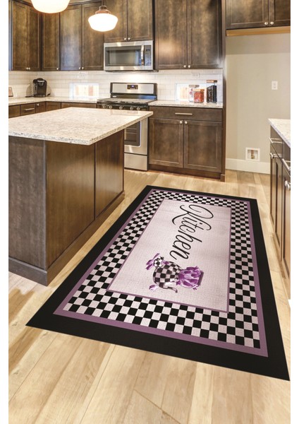 Dijital Baskılı Kaymaz Taban Yıkanabilir Kitchen Yazılı Mutfak Halısı, Mutfak-48-Mor,