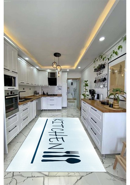 Kitchen Yazılı Kaşık Çatal Bıçak Desenli Yıkanabilir Mutfak Halısı, Mutfak-49-Mavi,