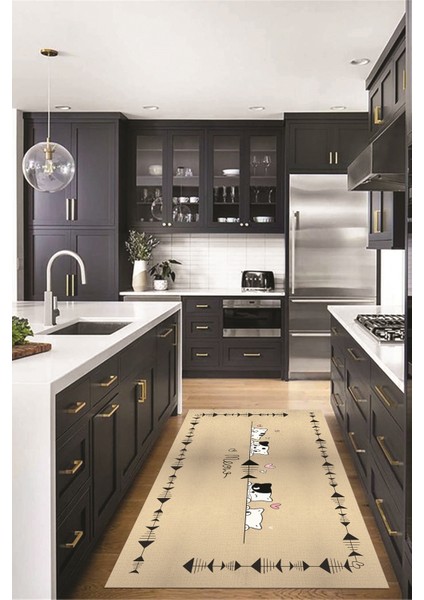 Sevimli Hayvanlar Desenli Kaymaz Taban Yıkanabilir Mutfak Halısı, Mutfak-10-Krem,