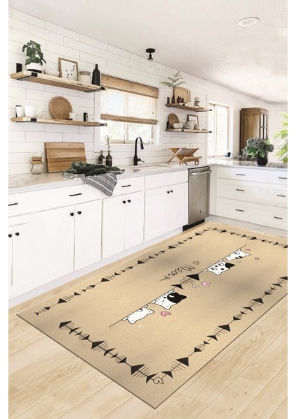Sevimli Hayvanlar Desenli Kaymaz Taban Yıkanabilir Mutfak Halısı, Mutfak-10-Krem, fırsatları