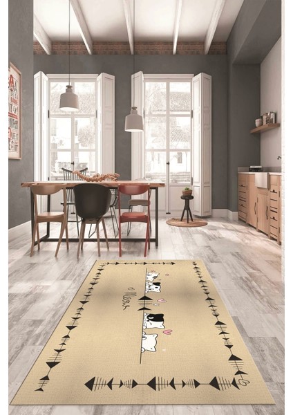 Sevimli Hayvanlar Desenli Kaymaz Taban Yıkanabilir Mutfak Halısı, Mutfak-10-Krem, indirimleri