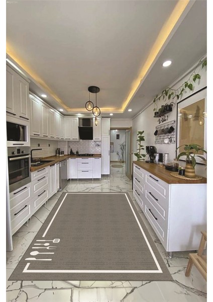 Dijital Baskılı Kaymaz Yıkanabilir Sade Çerçeveli Mutfak Halısı, Mutfak-06-Gri,